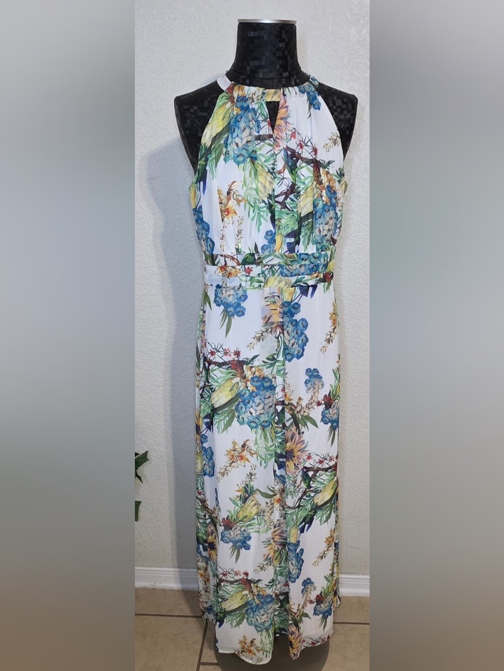 Floral White Maxi Dress with Blue Bouquet Print